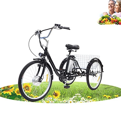Electric Bike : ZHANGXIAOYU 24inch 3 Wheel Electric Bike for Adults with 350w Motor Bike Tube Removable 36V 12Ah Lithium Battery, Adult Tricycle with Adjustable Cruiser Bike Seat and Bike Basket Exercise Bike(BLACK)