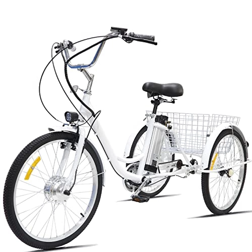 Electric Bike : ZHANGXIAOYU Adult Tricycle Electric 24inch 3 Wheel Bicycle 36V12AH Removable Lithium Battery with Large Shopping Cart Basket Comfortable Cruiser Three Wheel Max Load 330 lbs(white)