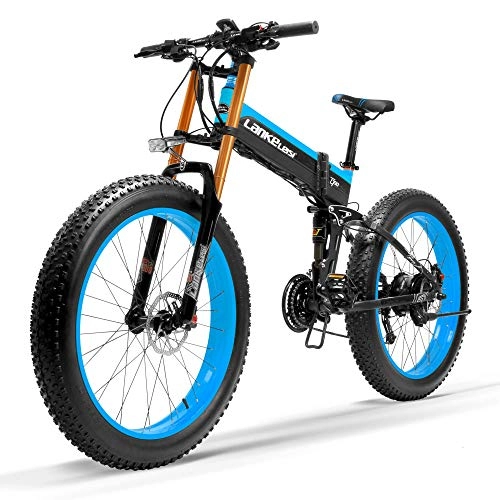 Electric Bike : ZHANGYY 27 Speed 1000W Folding Electric Bike 26 * 4.0 Fat Bike 5 PAS Hydraulic Disc Brake 48V 10Ah Removable Lithium Battery Charging, Pedelec(Black Blue Upgraded, 1000W + 1 Spare Battery)