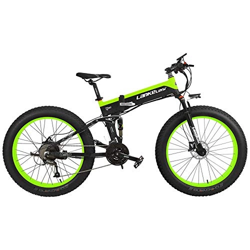 Electric Bike : ZHANGYY 27 Speed 500W Folding Electric Bicycle 26 * 4.0 Fat Bike 5 PAS Hydraulic Disc Brake 48V 10Ah Removable Lithium Battery Charging (Black Green Standard, 500W + 1 Spare Battery)