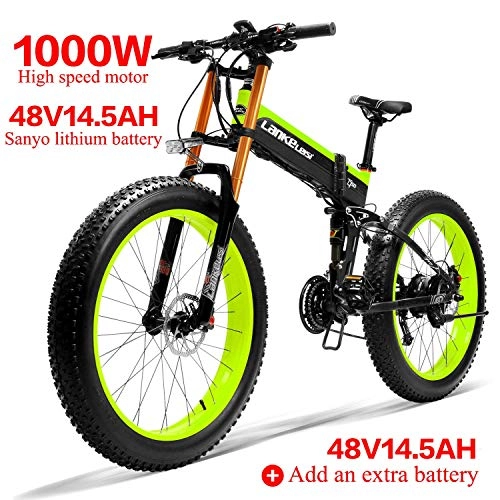 Electric Bike : ZHANGYY 48V14.5AH 1000W Electric Bike 26 '' 4.0 Fat Tire Ebike SHIMANO 27 Speed Snow MTB Folding Electric Bike for Adult Female / Male (Green + 1 extra Battery)
