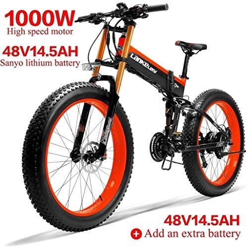 Electric Bike : ZJGZDCP 1000W Electric Bike 26inch Fat Tire E-bike 4.0 48V14.5AH 27Speed Snow MTB Folding Electric Bikes for Adult Female / Male City Bicycle (Color : Red)
