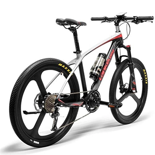Electric Bike : ZJGZDCP 26'' Electric Bike Carbon Fiber Frame 300W Mountain Bikes Torque Sensor System Oil And Gas Lockable Suspension Fork City Adult Bicycle E-bike (Color : Black Red)