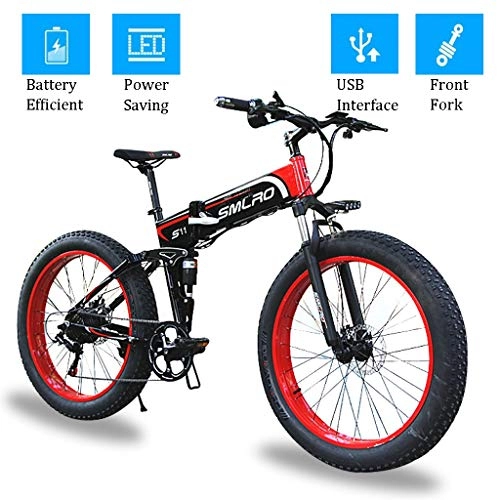 Electric Bike : ZJGZDCP 26 Inch Fat Tire Electric Bikes 48V 350W Folding Motor Electric Bicycle with LCD Display and USB Interface for Men Adult Outdoor Cycling Trabing (Color : RED, Size : 36V-10Ah)