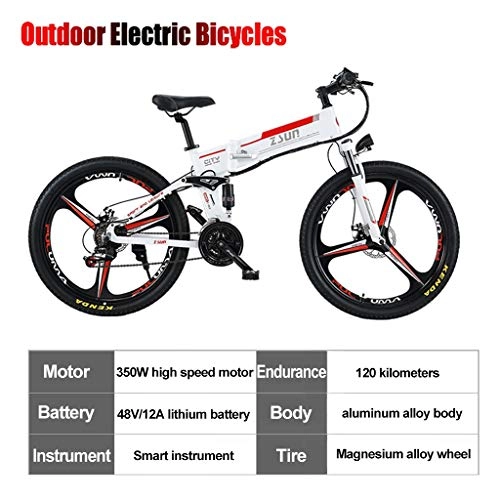 Electric Bike : ZJGZDCP 350W 48V Folding Electric Bike Removable Lithium Battery Beach Snow Bicycle Moped Electric Mountain Bike Powerful Motor Aluminum Frame (Color : White)