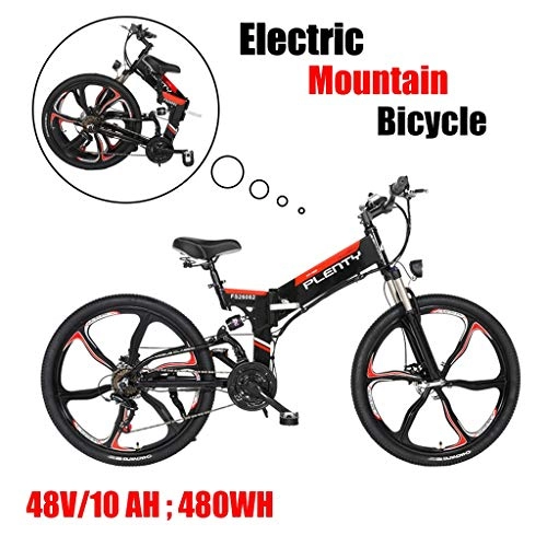 Electric Bike : ZJGZDCP Adult Folding Electric Mountain Bike Super Lightweight Electric Bike Premium Full Suspension Electric Bike 480W Powerful Motor 48V 10Ah Removable Battery (Color : Black)