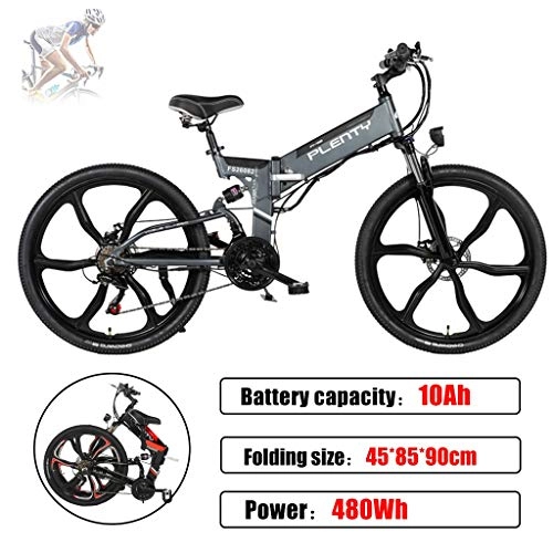 Electric Bike : ZJGZDCP Electric Folding Mountain Bike With Removable 48V / 10AH Lithium-Ion Battery 480W Motor Electric E-Bike Road Mountain Snow Commute Electric Bike (Color : Grey)