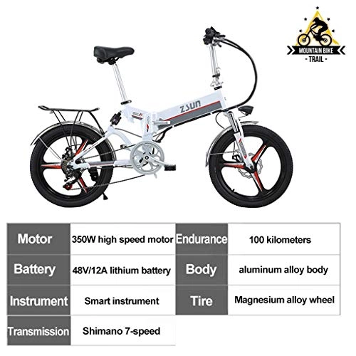 Electric Bike : ZJGZDCP Folding Electric Mountain Bike 350W Motor Adults Electric Bicycle 48V 10AH Removable Lithium Battery 7 Speed Gears Portable Electric Bike Ebike (Color : White)