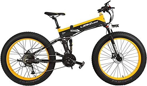 Electric Bike : ZJZ 27 Speed 1000W Folding Electric Bicycle 26 4.0 Fat Bike 5 PAS Hydraulic Disc Brake 48V 10Ah Removable Lithium Battery Charging (Black Yellow Standard)