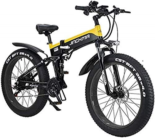 Electric Bike : ZJZ Electric Mountain Bike 26-inch Folding Electric Adult Bicycle 48V 500W 12.8AH Hidden Battery Design, Suitable for 21 Gear levers and Three Working Modes (Color : Yellow)