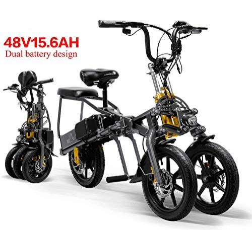 Electric Bike : ZYT 2 Batteries Electric Bicycle 48V 15.6A Folding Tricycle, Electric Tricycle 14 Inches 1 Second High-End Electric Bike Easily