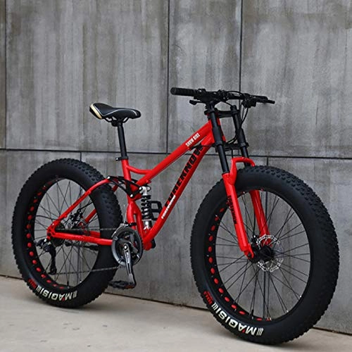 Fat Tyre Bike : 26-Inch Fat Tire Mountain Bike, High-Carbon Steel Frame, 24-Speed, Double Disc Brakes And Shock-Absorbing Forks for Men And Women, red