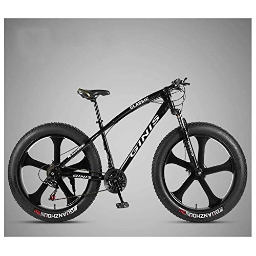 Fat Tyre Bike : 26 Inch Mountain Bicycle, High-carbon Steel Frame Fat Tire Mountain Trail Bike, Men's Womens Hardtail Mountain Bike with Dual Disc Brake, Black, 24 Speed 5 Spoke