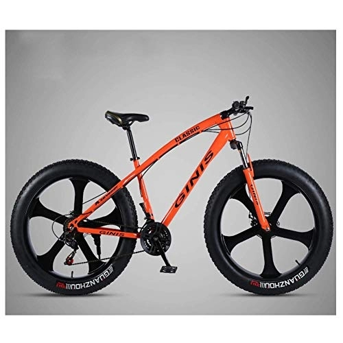 Fat Tyre Bike : 26 Inch Mountain Bicycle, High-carbon Steel Frame Fat Tire Mountain Trail Bike, Men's Womens Hardtail Mountain Bike with Dual Disc Brake, Orange, 27 Speed 5 Spoke