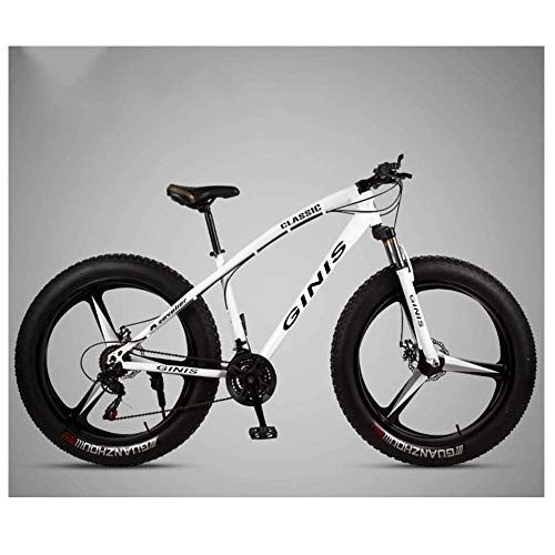 Fat Tyre Bike : 26 Inch Mountain Bicycle, High-carbon Steel Frame Fat Tire Mountain Trail Bike, Men's Womens Hardtail Mountain Bike with Dual Disc Brake, White, 21 Speed 3 Spoke