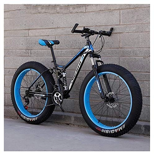 Fat Tyre Bike : Adult Mountain Bikes, Fat Tire Dual Disc Brake Hardtail Mountain Bike, Big Wheels Bicycle, High-carbon Steel Frame, Blue, 24 Inch 27 Speed