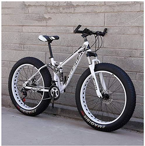 Fat Tyre Bike : Adult Mountain Bikes, Fat Tire Dual Disc Brake Hardtail Mountain Bike, Big Wheels Bicycle, High-carbon Steel Frame, New Blue, 26 Inch 27 Speed (Color : New White, Size : 26 Inch 21 Speed)