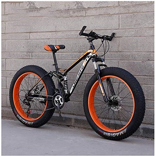 Fat Tyre Bike : Adult Mountain Bikes, Fat Tire Dual Disc Brake Hardtail Mountain Bike, Big Wheels Bicycle, High-carbon Steel Frame, New Blue, 26 Inch 27 Speed (Color : Orange, Size : 24 Inch 21 Speed)