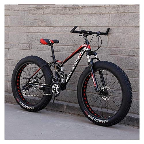 Fat Tyre Bike : Adult Mountain Bikes, Fat Tire Dual Disc Brake Hardtail Mountain Bike, Big Wheels Bicycle, High-carbon Steel Frame, New Red, 24 Inch 21 Speed