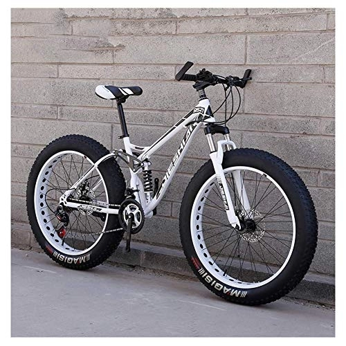 Fat Tyre Bike : Adult Mountain Bikes, Fat Tire Dual Disc Brake Hardtail Mountain Bike, Big Wheels Bicycle, High-carbon Steel Frame, New White, 24 Inch 21 Speed