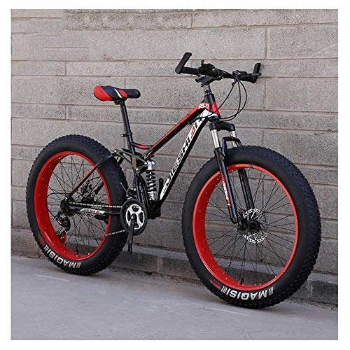 Fat Tyre Bike : Adult Mountain Bikes, Fat Tire Dual Disc Brake Hardtail Mountain Bike, Big Wheels Bicycle, High-carbon Steel Frame, Red, 26 Inch 24 Speed