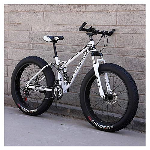 Fat Tyre Bike : BCX Adult Mountain Bikes, Fat Tire Dual Disc Brake Hardtail Mountain Bike, Big Wheels Bicycle, High-Carbon Steel Frame, New Blue, 26 inch 27 Speed, White, 24 Inch 27 Speed