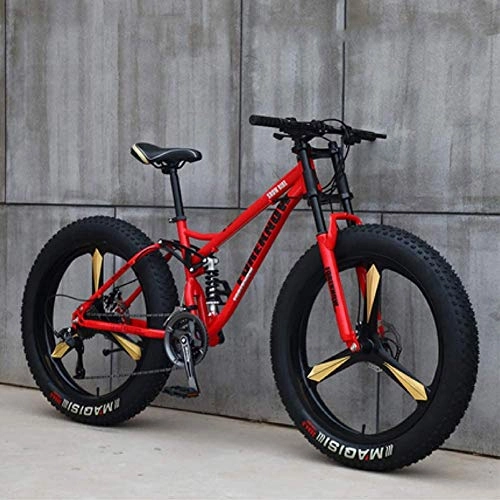 Fat Tyre Bike : CDFC Mountain Bikes, 26 Inch Fat Tire Hardtail Mountain Bike, Dual Suspension Frame And Suspension Fork All Terrain Mountain Bike, Red 3 Spoke, 27stage shift