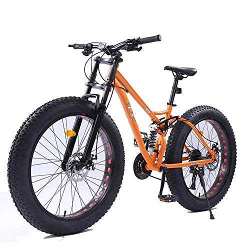 Fat Tyre Bike : Cxmm 26 inch Women Mountain Bikes, Dual Disc Brake Fat Tire Mountain Trail Bike, Hardtail Mountain Bike, Adjustable Seat Bicycle, High-Carbon Steel Frame, Orange, 27 Speed