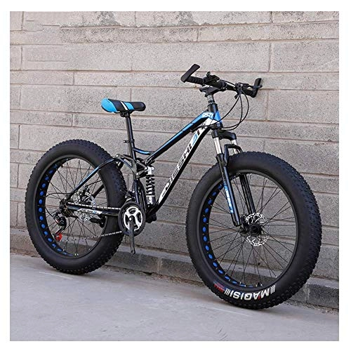 Fat Tyre Bike : FANG Adult Mountain Bikes, Fat Tire Dual Disc Brake Hardtail Mountain Bike, Big Wheels Bicycle, High-carbon Steel Frame, New Blue, 26 Inch 21 Speed