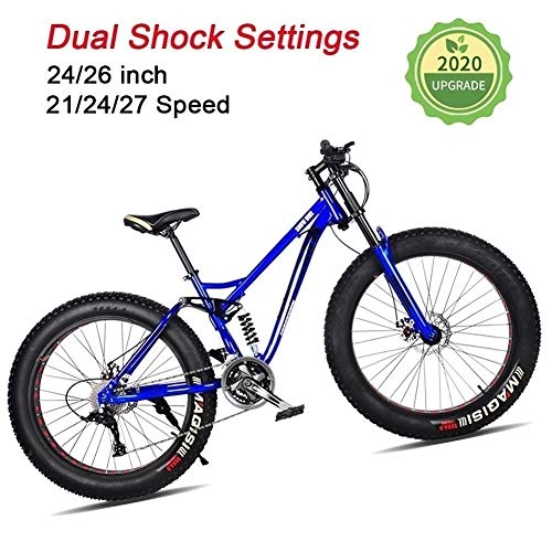 Fat Tyre Bike : Fat Tire Mountain Bike 24 Inch 24 Speed Bicycle Exercise Bikes With Shock-absorbing Front Fork And Central Shock Absorber For Beach, Snow, Cross-country, Fitness ( Color : Blue , Size : 24 inch )