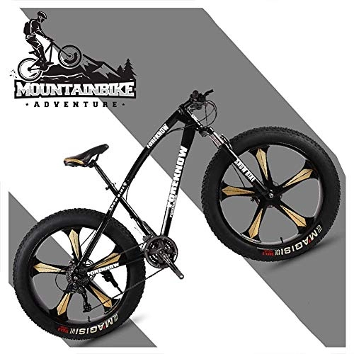 Fat Tyre Bike : GQQ 26 inch Hardtail MTB with Front Suspension Disc Brakes, Adult Mountain Bike, Variable Speed Bicycle Frames Made of Carbon Steel, Orange Spoke, 24 Speed, Black 5 Spoke