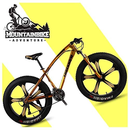 Fat Tyre Bike : GQQ 26 inch Hardtail MTB with Front Suspension Disc Brakes, Adult Mountain Bike, Variable Speed Bicycle Frames Made of Carbon Steel, Orange Spoke, 24 Speed, Gold 5 Spoke