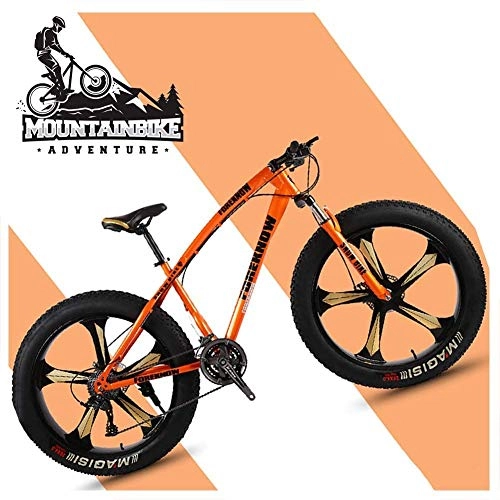 Fat Tyre Bike : GQQ 26 inch Hardtail MTB with Front Suspension Disc Brakes, Adult Mountain Bike, Variable Speed Bicycle Frames Made of Carbon Steel, Orange Spoke, 24 Speed, Orange 5 Spoke