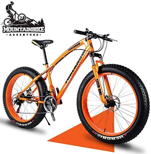 Fat Tyre Bike : GQQ 26 inch Hardtail MTB with Front Suspension Disc Brakes, Adult Mountain Bike, Variable Speed Bicycle Frames Made of Carbon Steel, Orange Spoke, 24 Speed, Orange Spoke