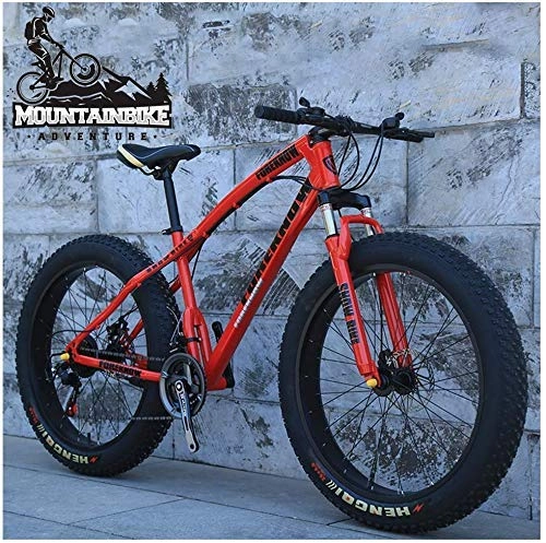 Fat Tyre Bike : GQQ 26 inch Hardtail MTB with Front Suspension Disc Brakes, Adult Mountain Bike, Variable Speed Bicycle Frames Made of Carbon Steel, Orange Spoke, 24 Speed, Red Spoke