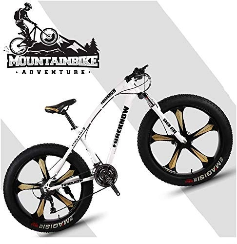 Fat Tyre Bike : GQQ 26 inch Hardtail MTB with Front Suspension Disc Brakes, Adult Mountain Bike, Variable Speed Bicycle Frames Made of Carbon Steel, Orange Spoke, 24 Speed, White 5 Spoke