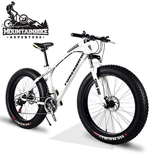 Fat Tyre Bike : GQQ 26 inch Hardtail MTB with Front Suspension Disc Brakes, Adult Mountain Bike, Variable Speed Bicycle Frames Made of Carbon Steel, Orange Spoke, 24 Speed, White Spoke