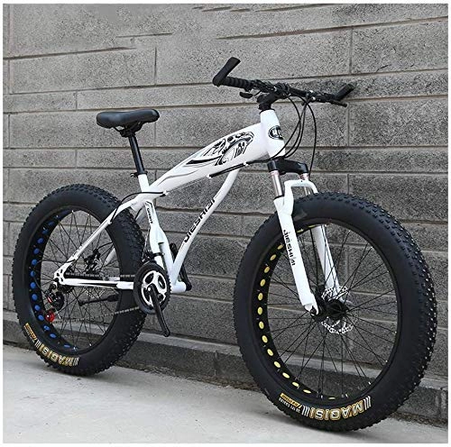 Fat Tyre Bike : GQQ Adult Mountain Bike, Mens Girls Bicycles, Hardtail MTB Disc Brakes, Variable Speed Bicycle Frame Made of Carbon Steel, Big Tire Bike, Blue B, 26 inch 21 Speed, White C