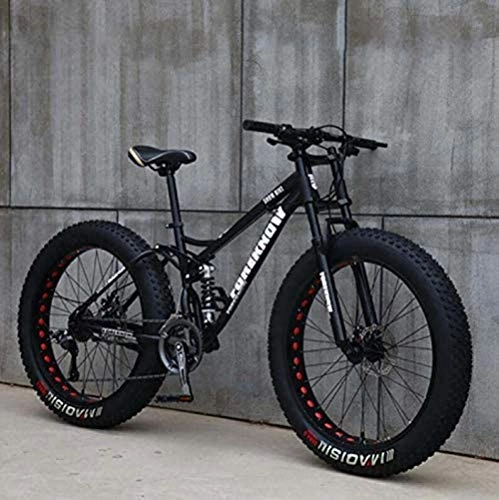 Fat Tyre Bike : GQQ Mountain Bike, High-Carbon Steel Frame, Variable Speed Bicycle Soft Rear Double Suspension, Mechanical, White, 24 inch 7 Speed, Black
