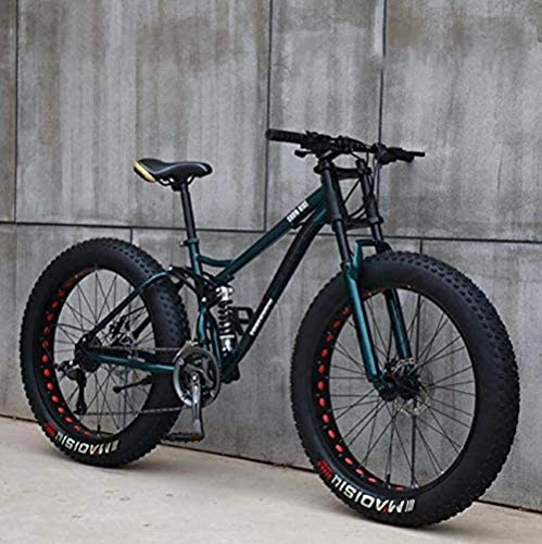 Fat Tyre Bike : GQQ Mountain Bike, High-Carbon Steel Frame, Variable Speed Bicycle Soft Rear Double Suspension, Mechanical, White, 24 inch 7 Speed, Cyan