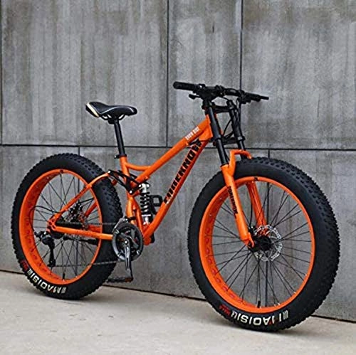 Fat Tyre Bike : GQQ Mountain Bike, High-Carbon Steel Frame, Variable Speed Bicycle Soft Rear Double Suspension, Mechanical, White, 24 inch 7 Speed, Orange