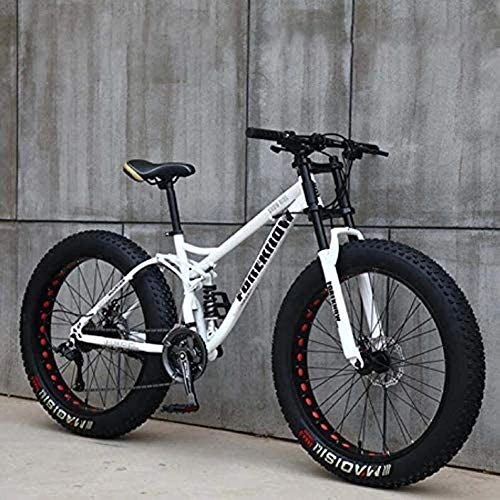 Fat Tyre Bike : GQQ Mountain Bike, High-Carbon Steel Frame, Variable Speed Bicycle Soft Rear Double Suspension, Mechanical, White, 24 inch 7 Speed, White