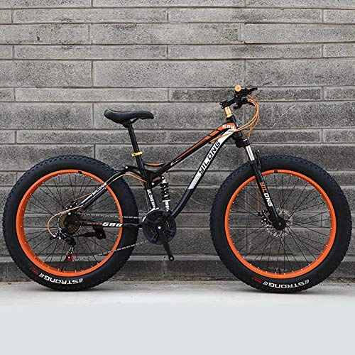 Fat Tyre Bike : GQQ Mountain Bike, Mens Womens Mountain Bikes High-Carbon Steel Frame Dual Disc Brake Mountain Bike All Terrain Anti-Slip Bicycle 26 inch Wheels, Orange, 24 Speed