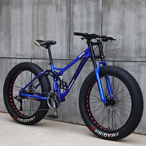 Fat Tyre Bike : GQQ Mountain Bikes, 24"26 inch Fat Tire Hardtail Variable Speed Bicycle, Dual Suspension Frame and Suspension Fork All Terrain Mountain Bike, Black, 26 inch 24 Speed, Blue