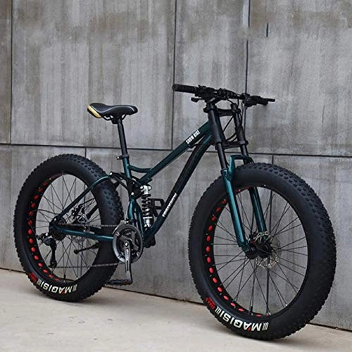 Fat Tyre Bike : HECHEN 26in Mountain Bikes, 7 / 21 / 24 / 27 Speed Variable Speed Bicycle, Adult Fat Tire Mountain Trail Bike, High-carbon Steel Frame Dual Full Suspension Dual Disc Brake, Green, 26in21 speed