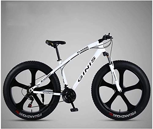 Fat Tyre Bike : HQQ 26 Inch Mountain Bicycle, High-carbon Steel Frame Fat Tire Mountain Trail Bike, Men's Womens Hardtail Mountain Bike with Dual Disc Brake (Color : White, Size : 24 Speed 5 Spoke)