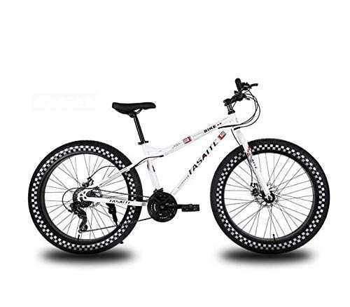 Fat Tyre Bike : LUO Bicycle, 26 inch Wheels Mountain Bike for Adults, Fat Tire Hardtail Bike Bicycle, High-Carbon Steel Frame, Dual Disc Brake, Blue, 24 Speed, White, 21 Speed
