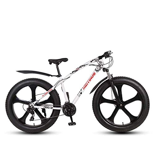 Fat Tyre Bike : LUO Bike，Adult Mens Fat Tire Mountain Bike, Variable Speed Snow Beach Bikes, Double Disc Brake Cruiser Bicycle, 26 inch Magnesium Alloy Integrated Wheels, Gold, 21 Speed, White, 21 Speed