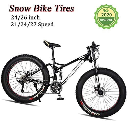 Fat Tyre Bike : LYRWISHJD Fat Tire Adult Mountain Bike, Lightweight High-Carbon Steel Frame Cruiser Bikes, Beach Snow Bike Mens Bicycle, Double Disc Brake 26 Inch Wheels (Color : Black, Size : 24 inch)