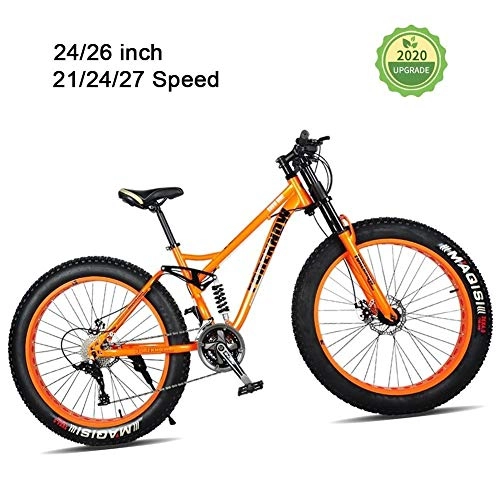 Fat Tyre Bike : LYRWISHJD Fat Tire Adult Mountain Bike, Lightweight High-Carbon Steel Frame Cruiser Bikes, Beach Snow Bike Mens Bicycle, Double Disc Brake 26 Inch Wheels (Color : Orange, Size : 24 inch)